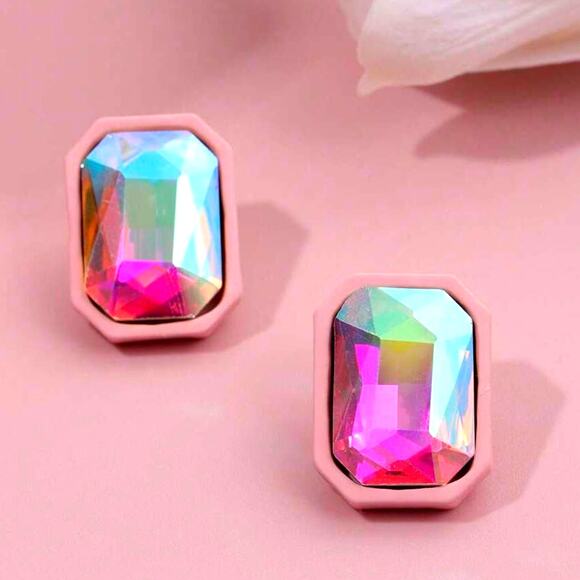 New Pink Rhinestone Iridescent Emerald Cut Scissor Stud Earrings Jewel Rectangle - Picture 1 of 4